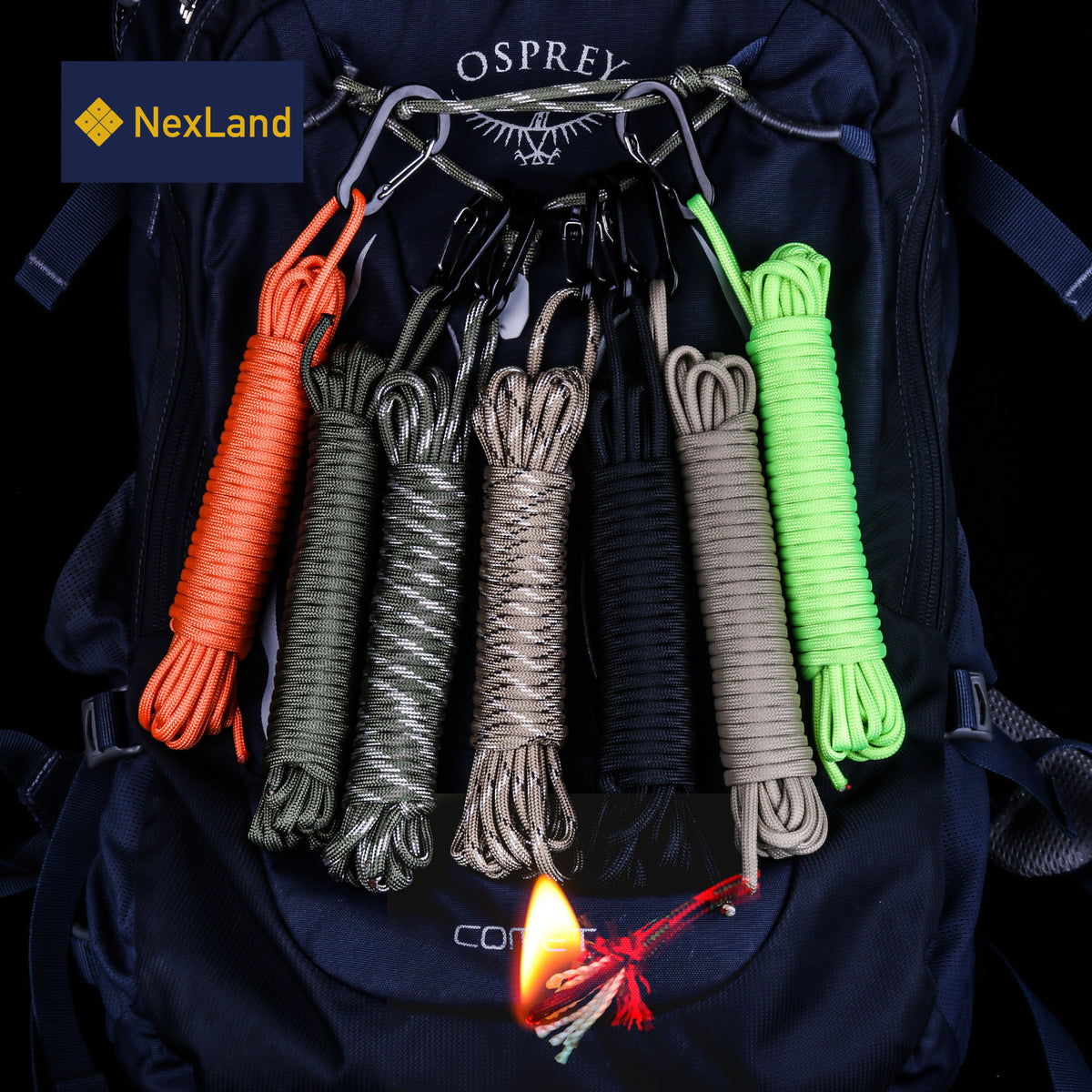 SP1 25FT Fire Paracord Combines Tinder with Small Carabiner Clip – NexLand